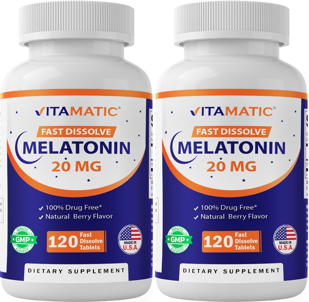 Vitamātiskais melatonīns 20 mg miega atbalstam; veģetārietis, bez GMO, bez lipekļa; augsta aktivitāte; 20 MG; dabiskās berzes Flavor 120 ātras izšķīdināšanas tabletes; 2 iepakojumi; 240 tabletes.