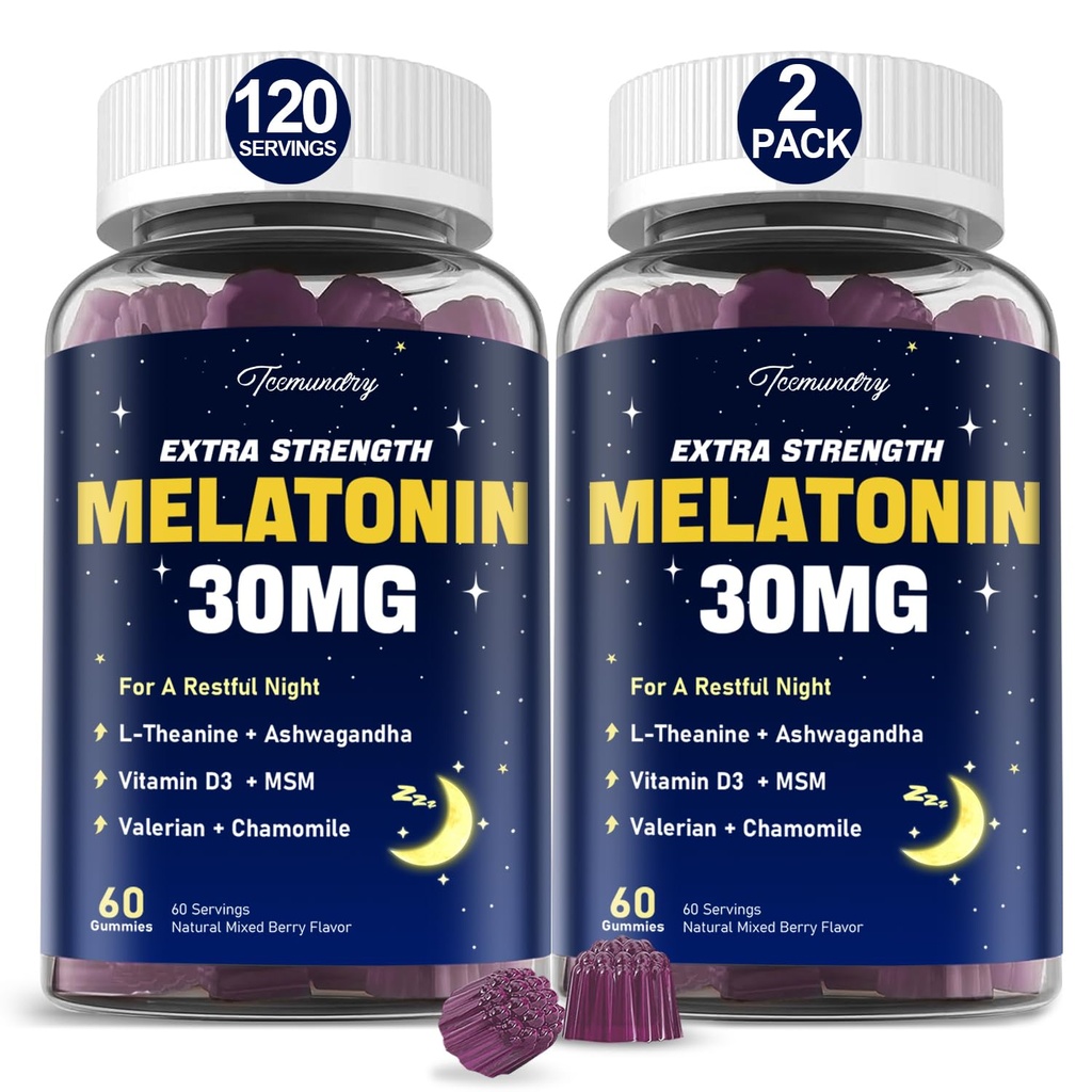 Melatonīns Gumies 30 mg pieaugušajiem: maksimālā stipruma melatonīns Papildinājums ar L-teanīnu, Ashwagandha, MSM, D3 vitamīns un cinks - ne-Habit Formēšana, dabīgs jaukts ogu flavors 60 skaitīšana (iepakojums no 2)