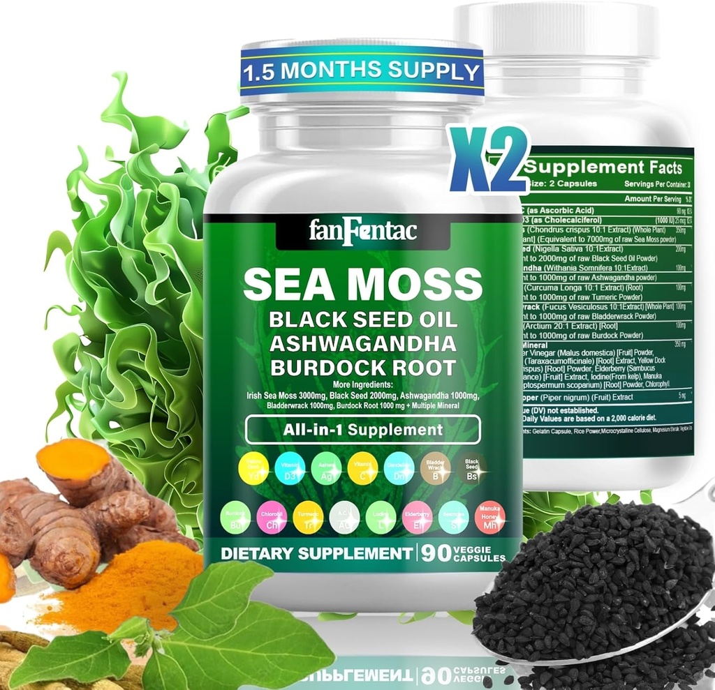 Sea Moss 7000mg - Black Seed Oil 2000mg - Ashwagandha 1000mg - Bladderwrack 1000mg - Turmeric 1000mg - Burdock 1000mg - Vitamīns C 90mg - vitamīns D3 1000IU - Multiple Minerals 350mg - 180 Kapsulas