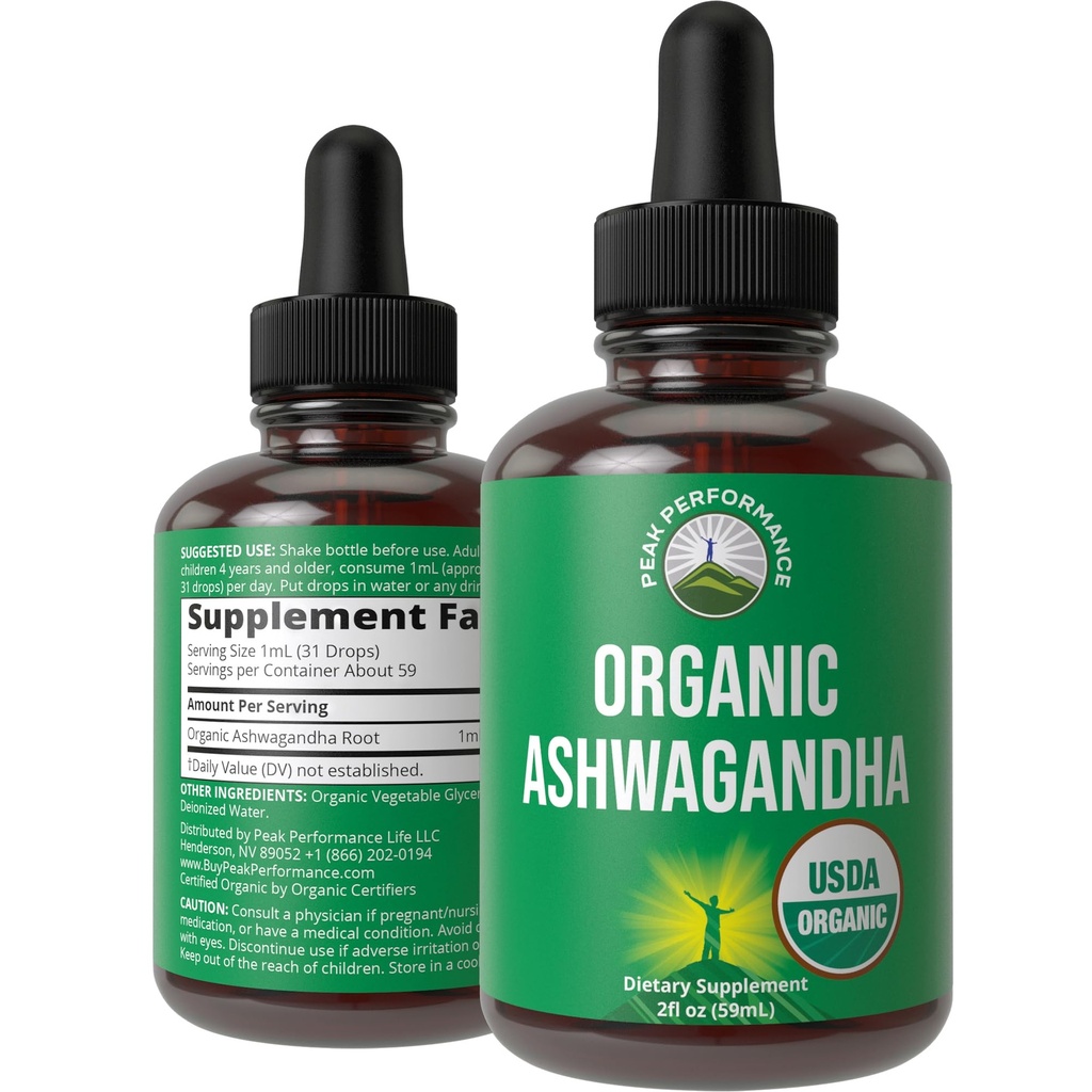 Ashwagandha Liquid Drops. USDA Organic Vegan pielikums. Extra Strength Ashwagandha Root ekstrakts sievietēm, vīriešiem, bērniem. ar Adaptogens. Nulle Cukurs, Organic, bez lipekļa Tincture bagātinātāji.