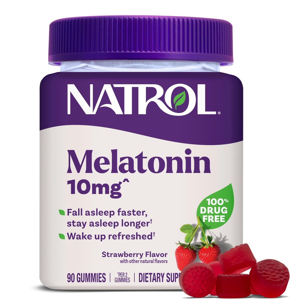 Natrol 10 mg Melatonīna Gumijas, Miega uzturs pieaugušajiem, Melatonīna piedevas miegam, 90 zemeņu gumijas, 45 dienu piegādes