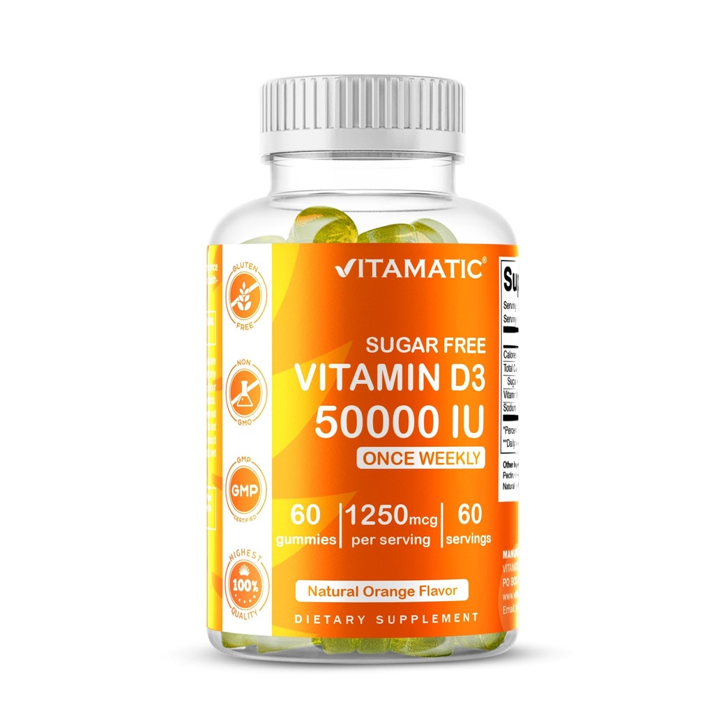 Vitamatisks bezcukura vitamīns D3 50 000 SV Nedēļas uztura bagātinātājs – 60 uz pektīnu bāzes izgatavoti gumi, augstas devas D vitamīns kauliem, zobiem un imūnsupportam