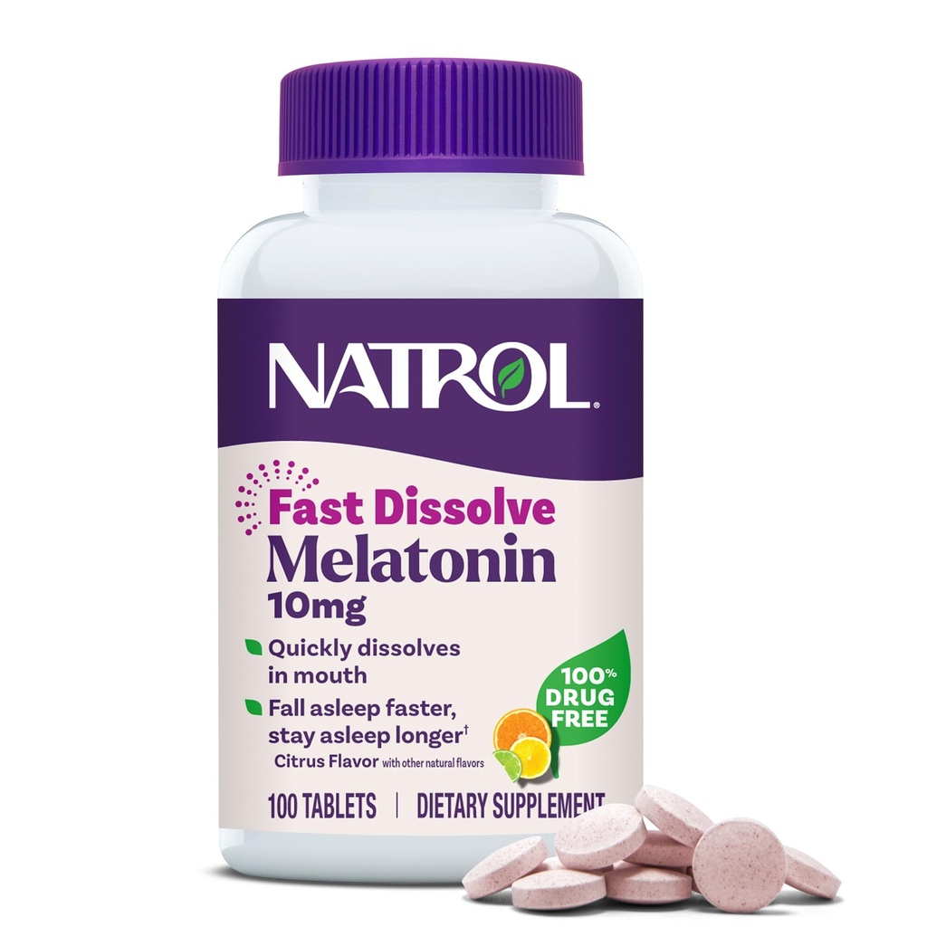 Natrol ātri izšķīdina Melatonīnu 10 mg, melatonīnu piedevas nemierīgam miegam, Miega atbalsts pieaugušajiem, 100 tabletes ar citrusu ziedi, līdz 100 dienu piegādes