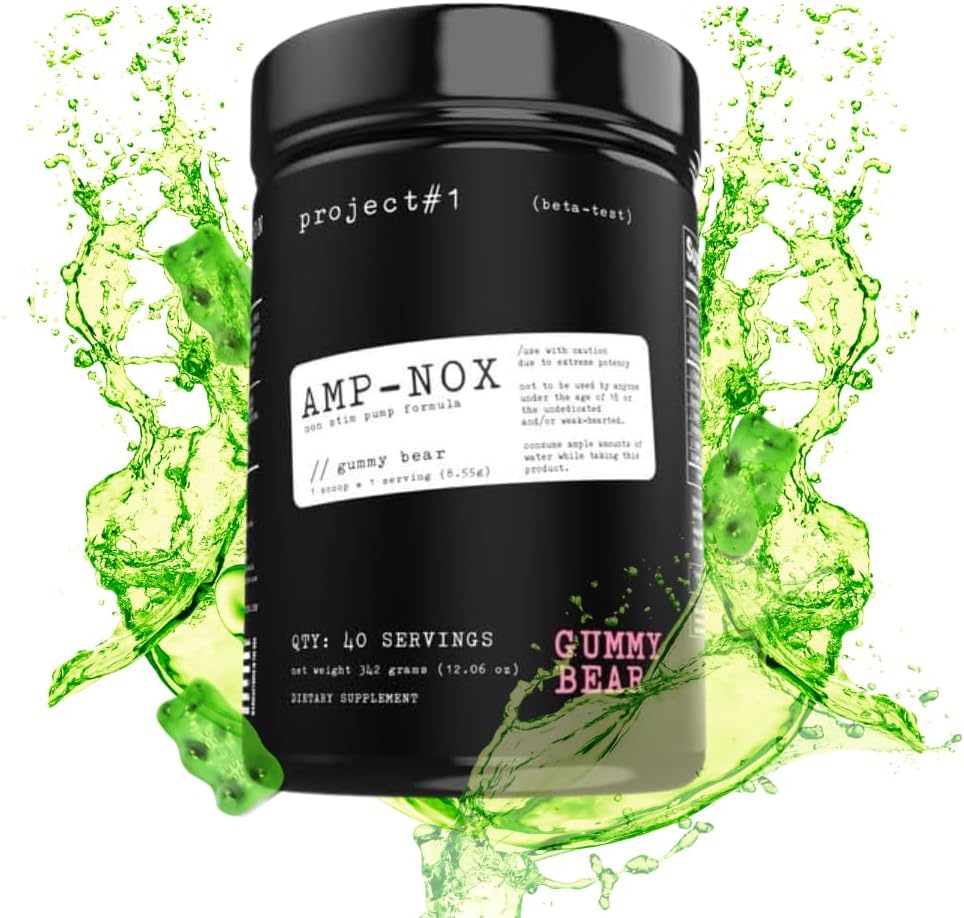 Project #1 AMP-NOX: Non-stim Pre Workout pulveris - Boost Focus, sūknis, & Enerģija - Kofeīns bez proteīna Dzert ar aminoskābēm vīriešiem un sievietēm - Gummy Bear Flavor - 40 Kalpo
