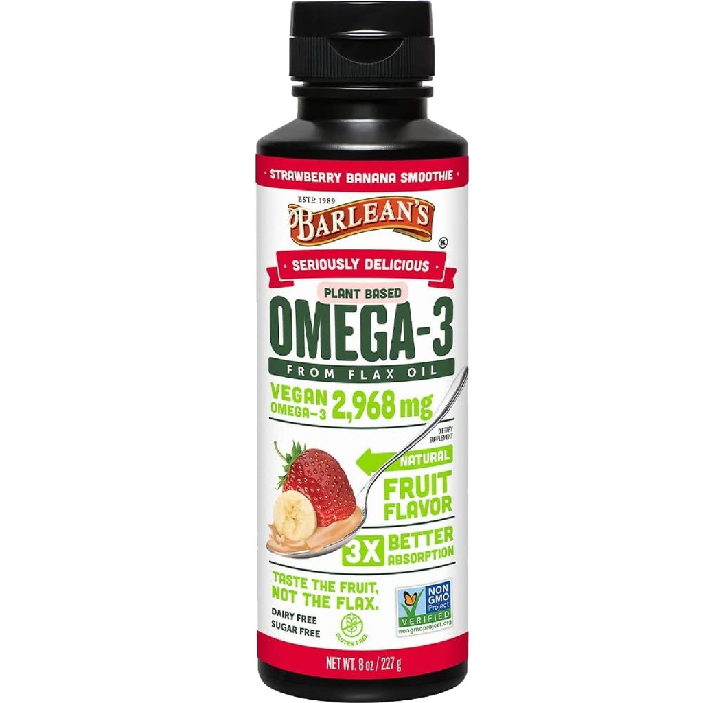 Barlean's Strawberry Banana Linsēklu eļļa Šķidra, Vegan Omega 3 6 9 Papildinājumi bērniem un pieaugušajiem no aukstās spiedes Linsēklu eļļa ar 2968 mg Vegan Omegas, bez GMO un glutēna, 8 oz