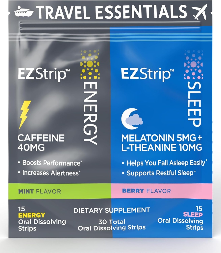 Travel Pack with Energy & Miega bagātinātāji - 30 Count - Pārnēsājams iepakojums ar kofeīna sloksnēm enerģijai un melatonīna lentes miega atbalstam ceļojuma laikā - ražots ASV, bez cukura un glutēna
