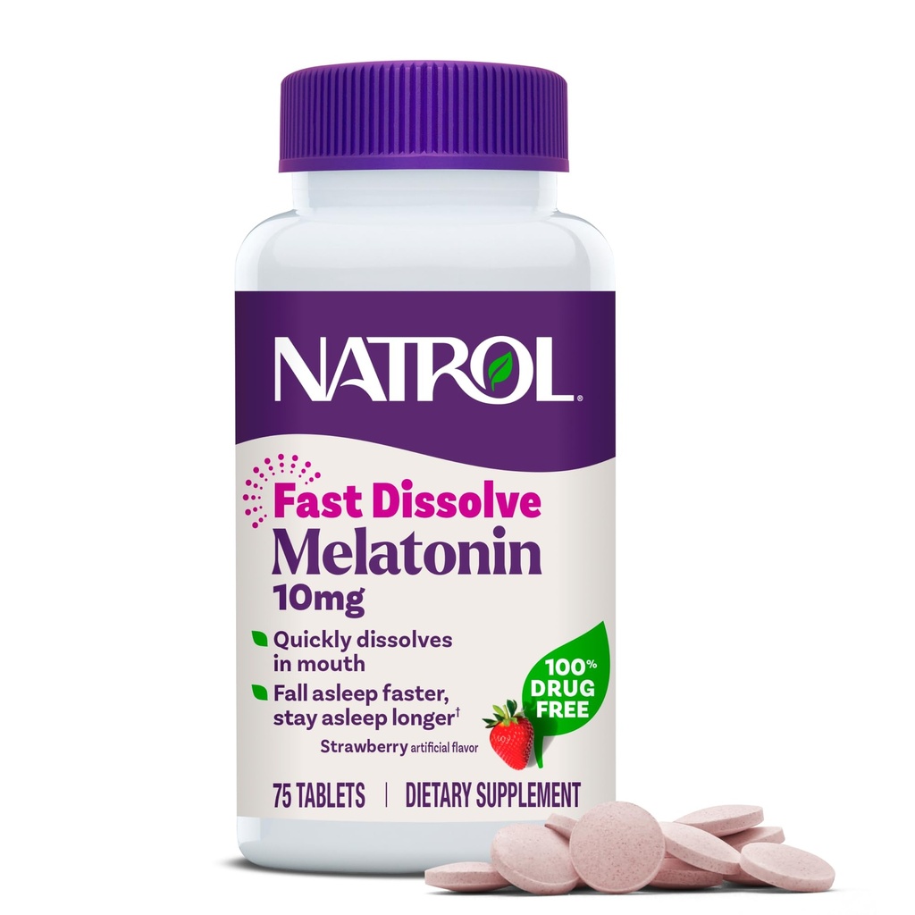 Natrol ātri izšķīdina 10 mg melatonīna, melatonīna piedevas nemierīgam miegam, Miega atbalsts pieaugušajiem, 75 zemeņu saturošas tabletes, līdz 75 dienu barošanas