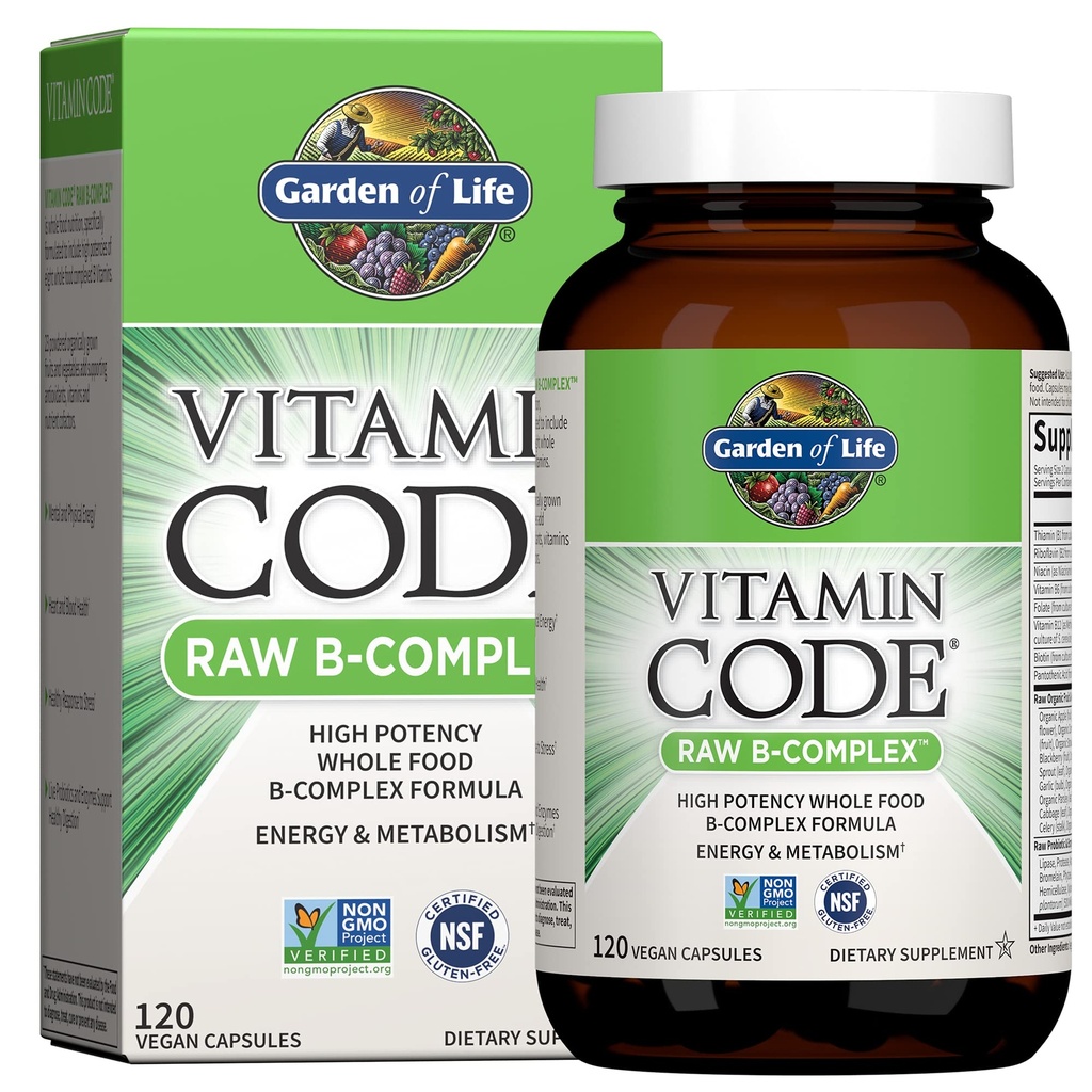 Dzīvības dārzs B vitamīnu komplekss, 120 Vegan kapsulas, augstas aktivitātes vitamīni enerģijai un vielmaiņai ar B6, folātu un B12 kā metilkobalamīna Plus probiotikas