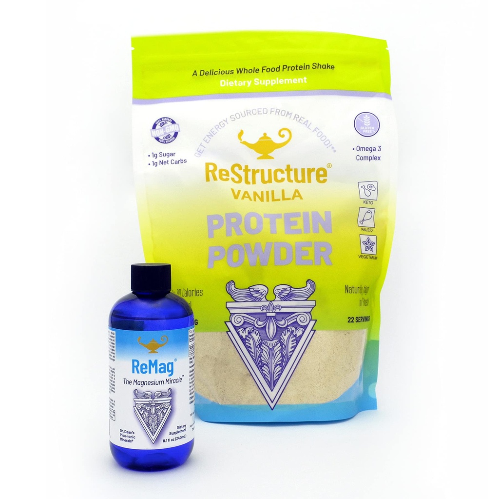 RnA ReSet Veiktspējas Bandle – ReMag Šķidrs Magnijs 8.1oz & Restrukturēšana Vanilla sūkalu proteīns 594g, Muskuļu atgūšanas un fitnesa atbalsts (2 formulas)