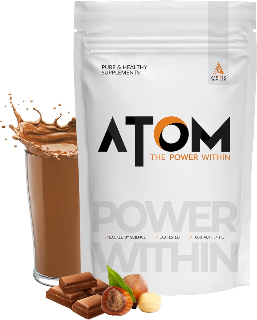 Asitis Nutrition AS-IT-is Atom Whey Protein 1kg/35.2 Oz ar gremošanas enzīmiem - USA Labdoor Sertificēts precizitātei un tīrībai - Choco Hazel Fusion Flavor - 27g Protein - 5.7g Bcaaâ
