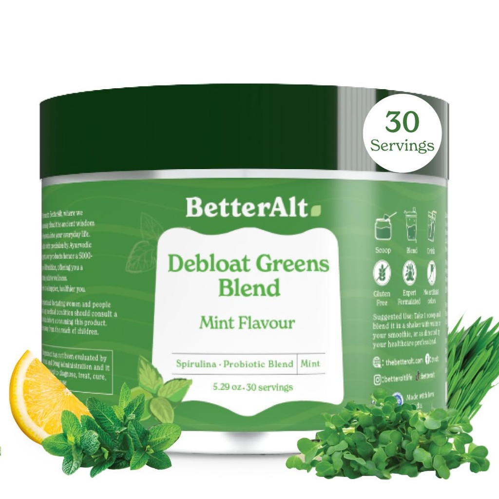 Labāk Alt Greens Pulveris, Detox & Debloat ar 15 Super Greens Blend of Spirulina, Moringa Pulveris, Kviešuzāle, Pre & Probiotikas, Iepakoti ar antioksidantiem, Mint Flavor, Nr Maltodekstrīns, 30 Servējumi
