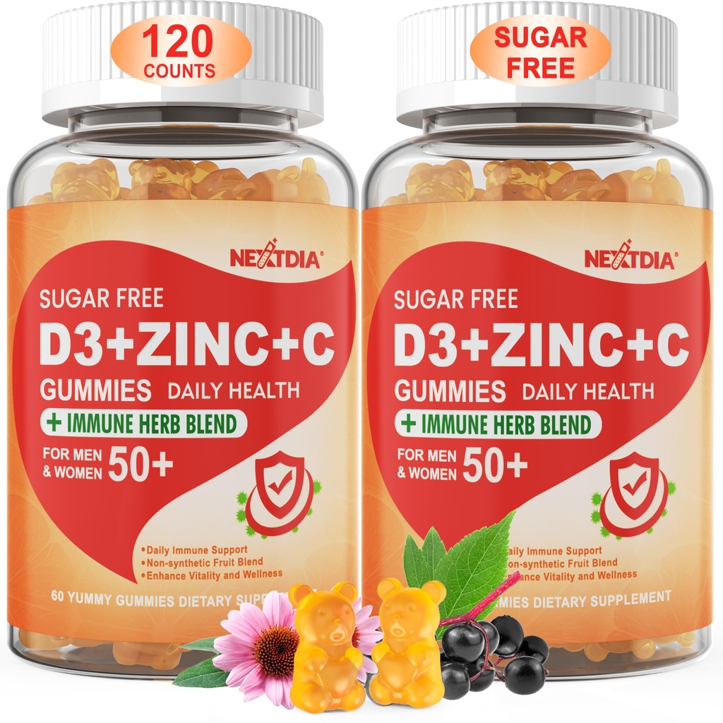 Bezcukura vitamīns C + D3 + Cinka Gumijas pieaugušajiem 50 +, 9 in 1 Imūnās aizsardzības papildinājums ar D3 5000IU, plūškoka ogas, ehinācija, Mullein Leaf Boost Immunity, Power Antioxidant, Vegan (2. iepakojums)