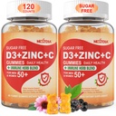 Bezcukura vitamīns C + D3 + Cinka Gumijas pieaugušajiem 50 +, 9 in 1 Imūnās aizsardzības papildinājums ar D3 5000IU, plūškoka ogas, ehinācija, Mullein Leaf Boost Immunity, Power Antioxidant, Vegan (2. iepakojums)