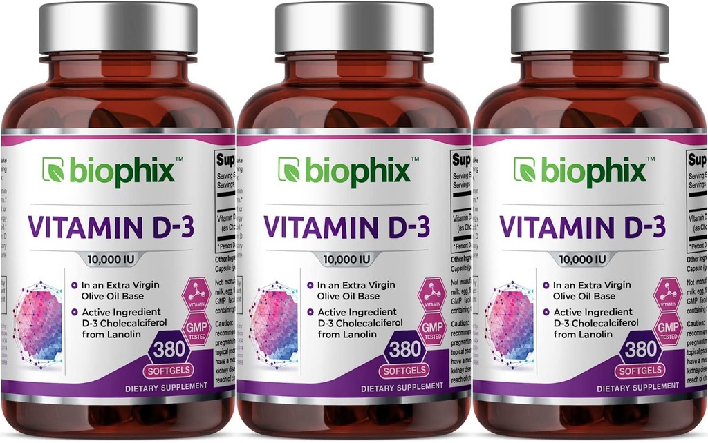Biophix vitamīns D-3 10000 SV 380 Softgels 3 iepakojums - augsta jutība ekstra Virgin Olīveļļā, kas nav GMO bez sojas Atbalsts spēcīgiem kauliem Imūnveselība