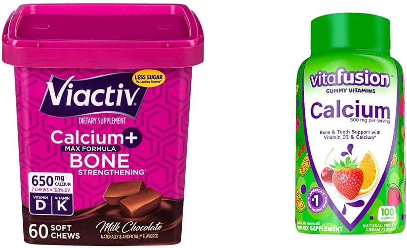 Viactiv kalcija košļājamās rotaļlietas 60 Skaits & vitafusion Kalcija gumija Vitamīni 100 Skaits - Kalcija piedevas kaulu un zobu atbalsts