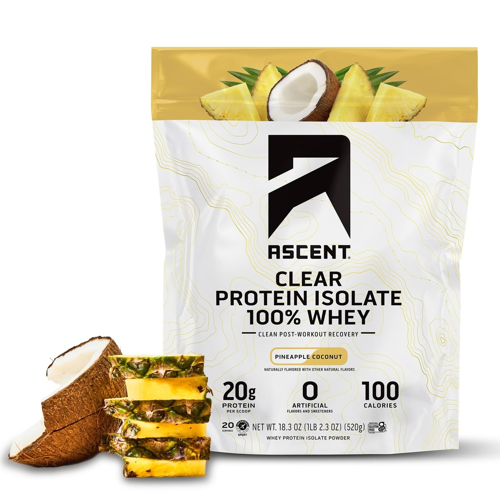 Ascent 100% tīrs sūkalu proteīns pulveris - post Whey Protein Isolāts, Zero mākslīgie Flavors & saldinātāji, bez lipekļa, 5.5g BCAA, 2.1g Leicīns, Essential aminoskābes, ananasu kokosrieksts, 20 Serv