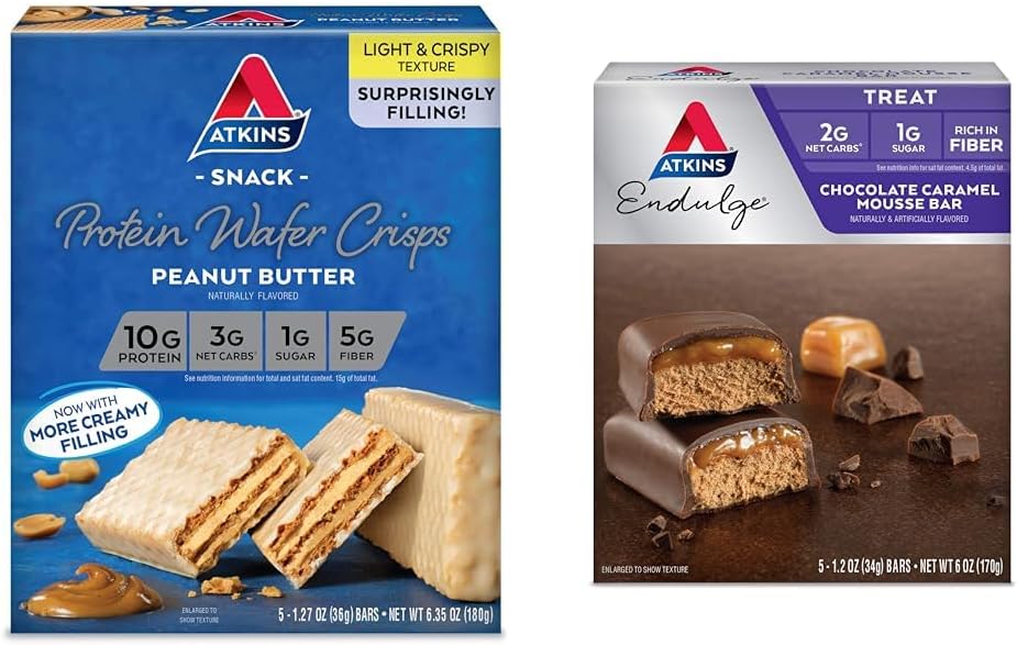 Atkins Peanut Butter Protein Wafer Crisps 5 Count un šokolāde Karamel Mousse Bars 5 Count Bundle