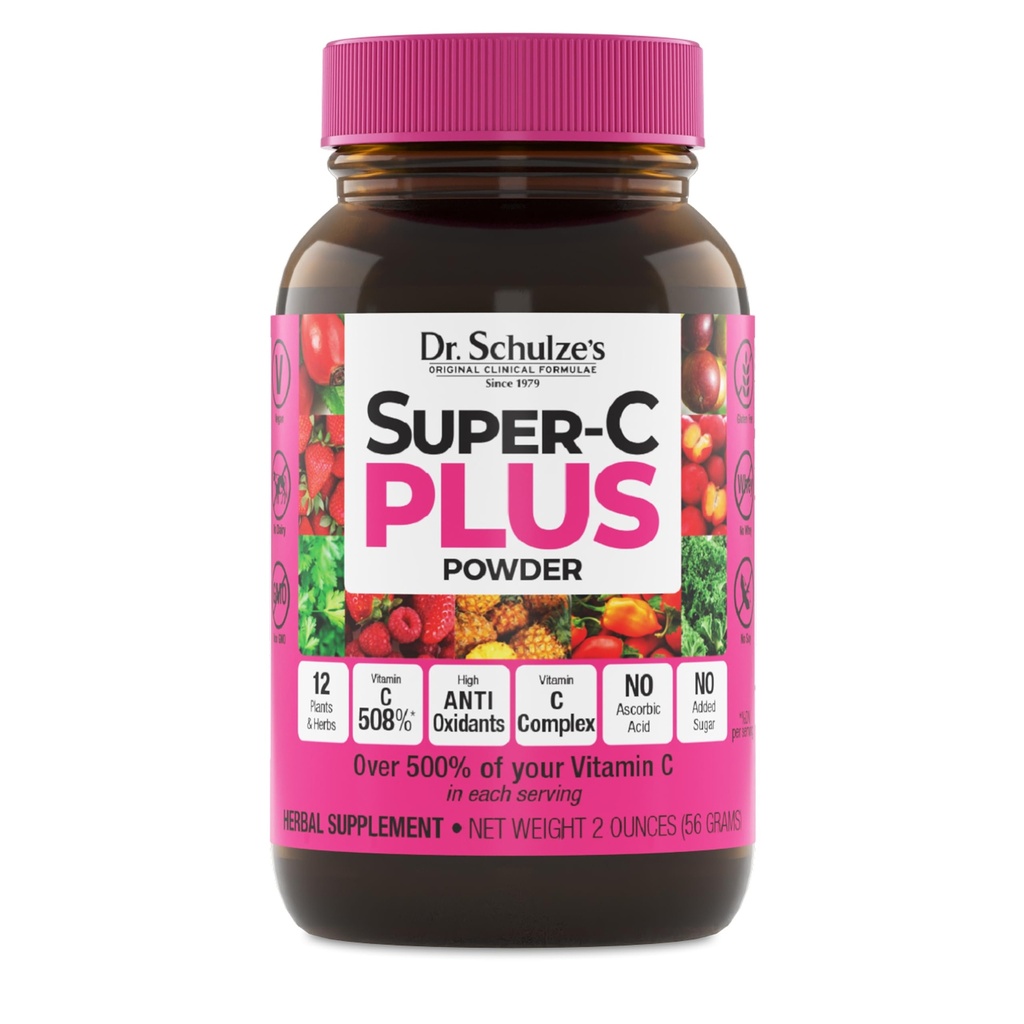 Dr. Schulze Super-C Plus - C vitamīna papildinājums imūnās sistēmas atbalstam - ādas veselība un antioksidantu atbalsts - augstas devas formula - augu bāzes Superfood - bez lipekļa un vegāna - 2 oz (20 Kalpo)