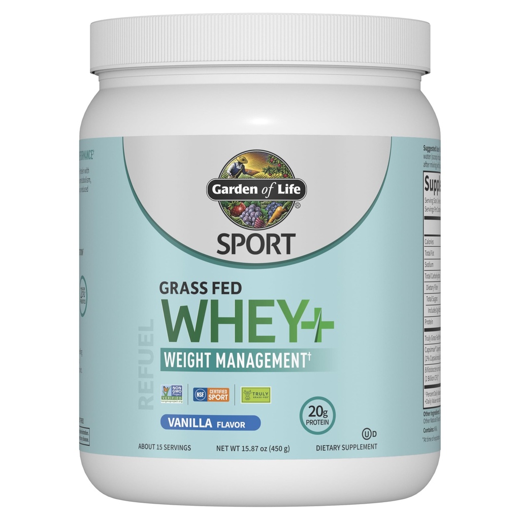 Garden of Life Sports Whey Plus Svara vadība ar Amino Enerģija - 20g zāles dēstu proteīna izolāts sievietēm un vīriešiem - Vanilla pulveris - ar Capsimax, 2 miljardi KVV probiotikas, Par 15 Kalpo