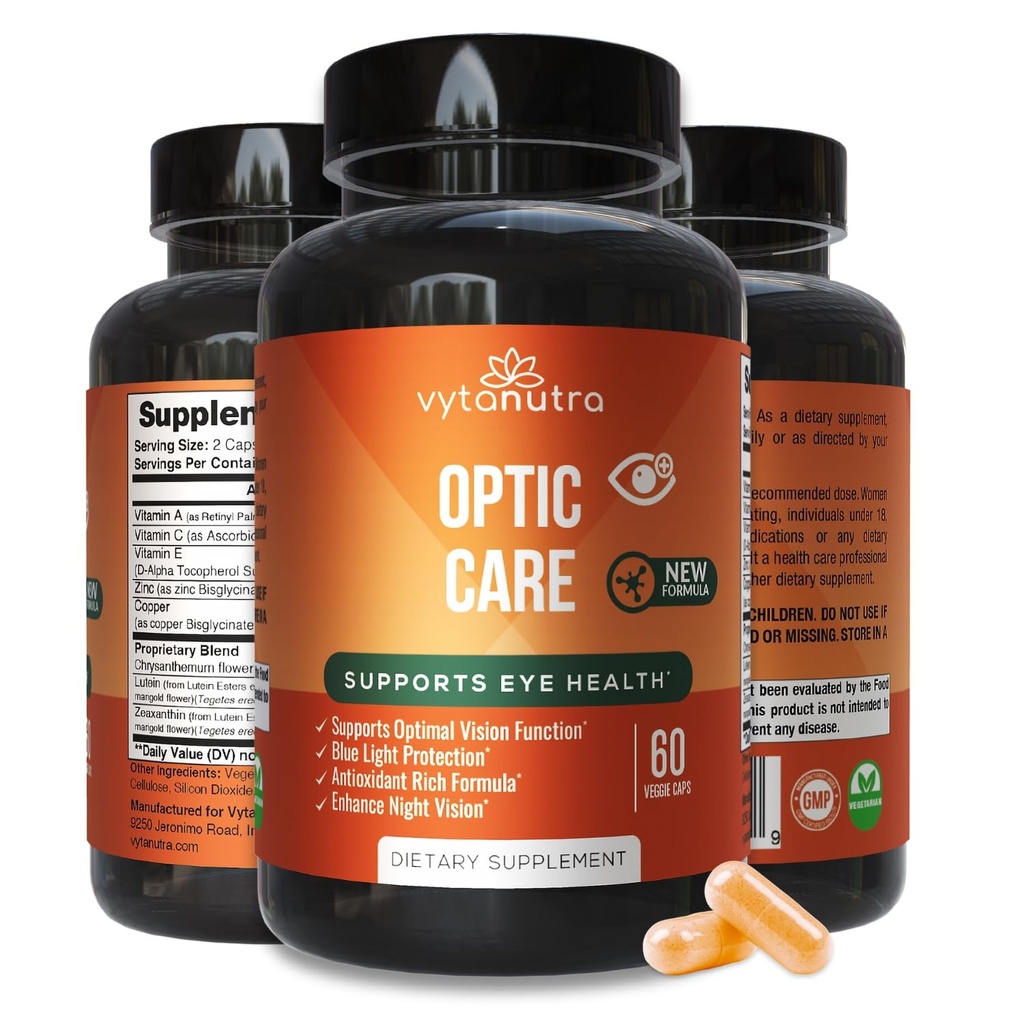Optic Care acu vitamīni – luteīns, Zeaksantīns, vitamīni A C E, cinks, varš, Chrysanthemum & Goji – Antioksidants Mikroelementu formula redzes atbalstam – 3 PK