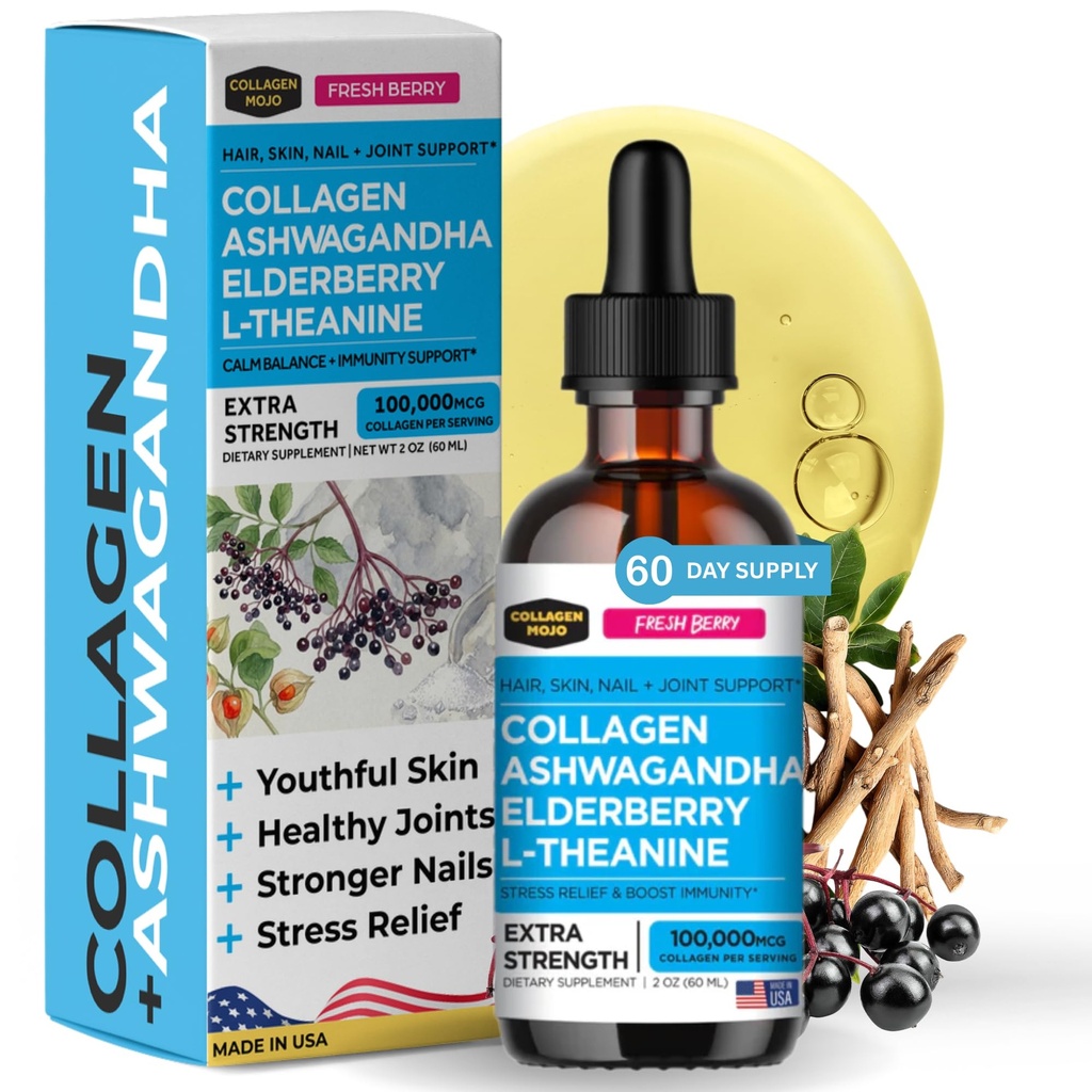 Kolagēns Mojo - šķidrais kolagēns sievietēm un vīriešiem, kolagēns Peptīdi ar Ashwagandha, plūškoka & L-teanīna - mati, āda, naglas, locītavu un stresa atbalsts, augsta absorbcija - 100 000mcg, 2 Oz