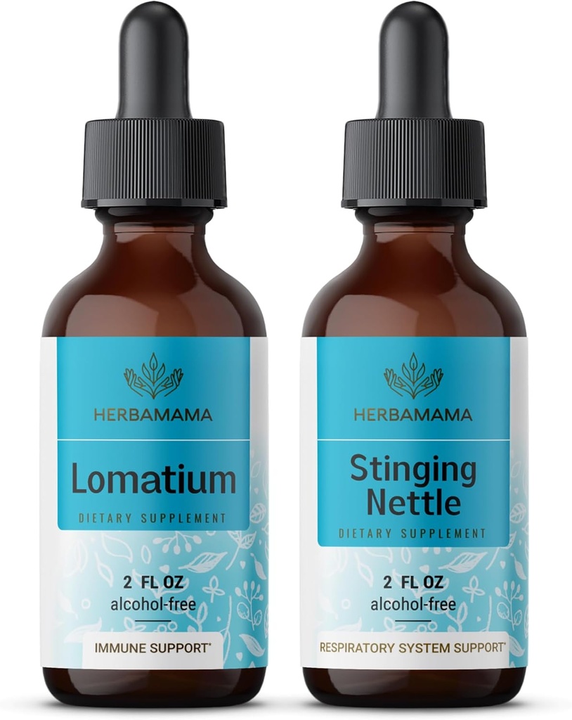 HERBAMAMA augu šķidrumu pilienu komplekts - Lomatium saknes ekstrakta un stinging Nattle Tincture 2 fl oz - Vegāns, ne-GMO, bezcukura un alkohola - 2 iepakojums