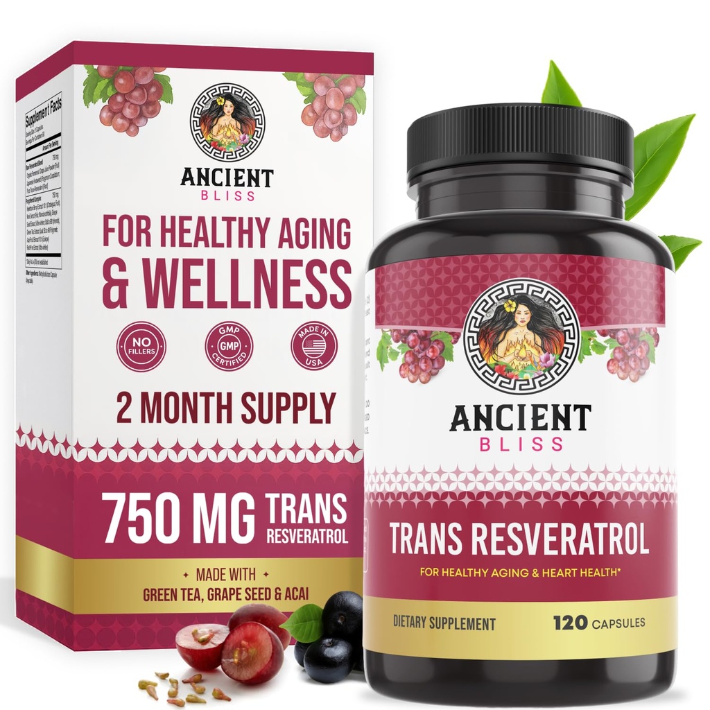 Senās Bliss Resveratrol Spēcīgs antioksidants Papildinājums ar zaļo tēju, Vīnogu sēklu ekstrakts veselīgai novecošanai vīriešiem un sievietēm