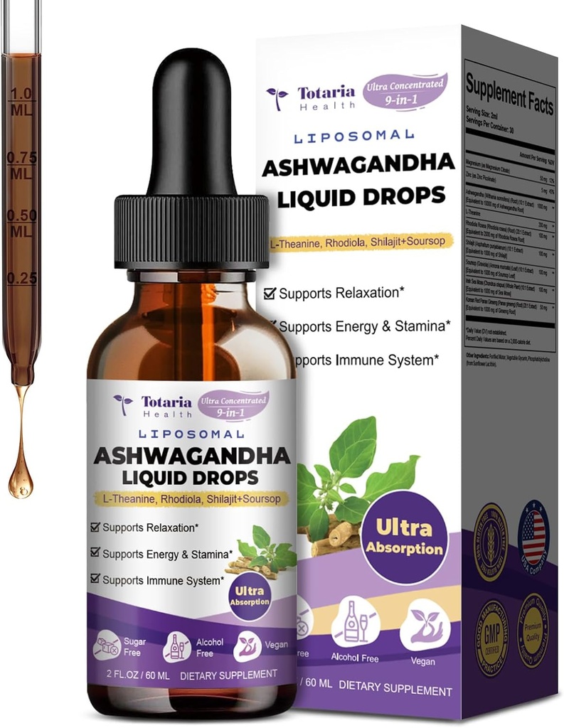 Totaria Liposomāli Ashwagandha Šķidrie pilieni w/Shilajit, Magnijs, Sorsop, L-Teanīns, Ultra Extact Ashwagandha Saknes ekstrakts - - 7% Witanolides -fr Alcohol-free -GMO ) vīriešiem un sievietēm