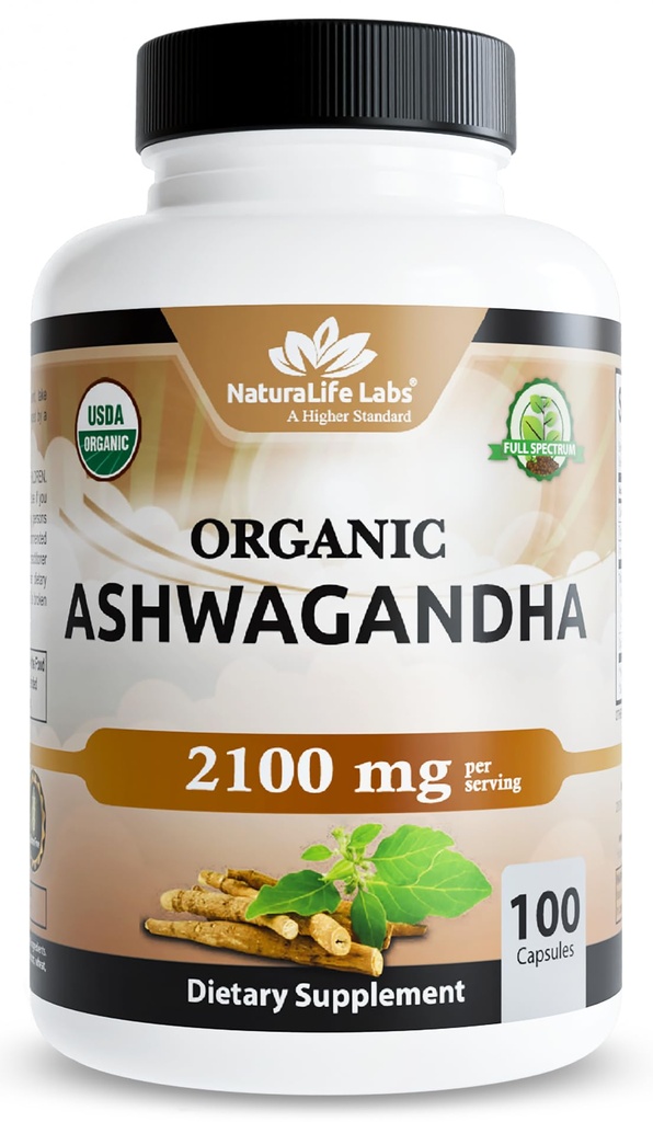 NaturaLife Labs Organic Ashwagandha 2100 mg uz vienu Kalpotāju – Sakņu pulveris un ekstrakts – 100 kapsulas – Vegan, ne-GMO, bez lipekļa