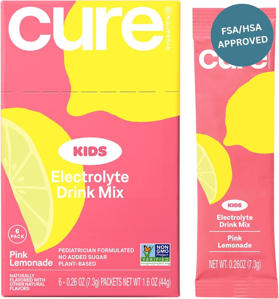 Cure Hydration Kids Electrolyte Drink Mix ; augu bāzes pediatrija Formulēta rehidratācija;     ; bez pievienotā cukura, FSA-HSA, bez GMO, bez lipekļa, bez mākslīgām uzliesmojuma daļiņām; kaste ar 6 paketēm — rozā lemonāde