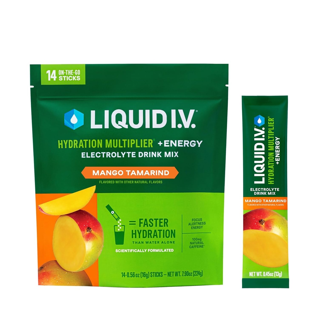 Šķidrais I.V.® Hidratācijas palielinājums® +Enerģija - Mango Tamarinda - hidrācijas pulvera paketes • Elektrolītu pulvera maisījums • Ērti vienkārtas uzlīmes • Ne-GMO • 14 Kalpojumi (12. iepakojums)