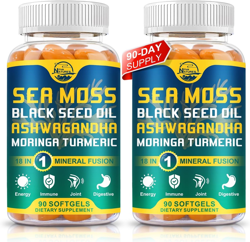 Daba ir dzīva Organic Sea Moss Softgels with Black Seed Oil, Ashwagandha, Bladderwrack, Ingver, Dagka saknes, Manuka Honey, Kanēlis imūnās sistēmas, ādas, enerģijas, 90 Softgels, 2 Pack