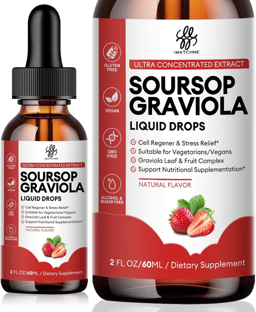 iMATCHME Sorsop Graviola Liquid Drop, Sorsop Bitters Liquid, Natural Soursop Leaves & Fruit Complex vispārējai labsajūtai, Cukurs/Kefīns/Bez glutēna, zemeņu Flavor, 2 Fl Oz