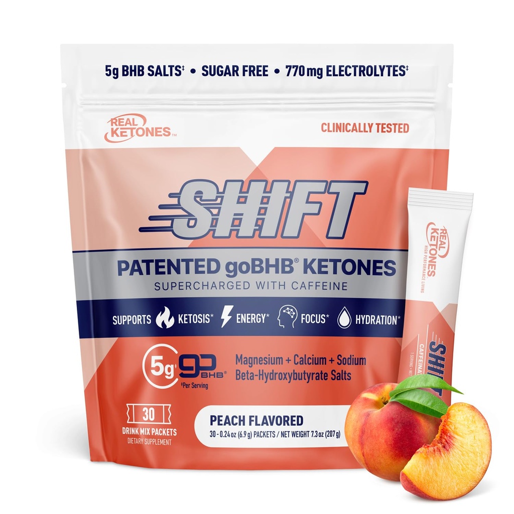 Īstais ketonu BHB eksogēnais ketonu dzēriens Mix Packets Keto Electrolytes Powder Packets Nē Cukurs ar 4 Galvenajiem tukšā dūšā Electrolytes Plus Hidrēšana Patentēts Keto BHB - 30 Skaits persiku Kofeīns