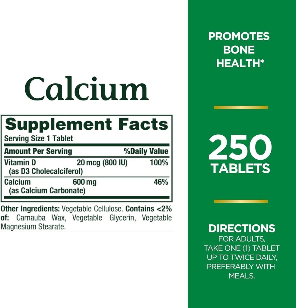 Dabas Bounty kalcija karbonāts & D vitamīns, atbalsta imūno veselību un kaulu veselību, 600 mg kalcija un 800 SV D3 vitamīna, 250 tabletes (iepakojums no 2)