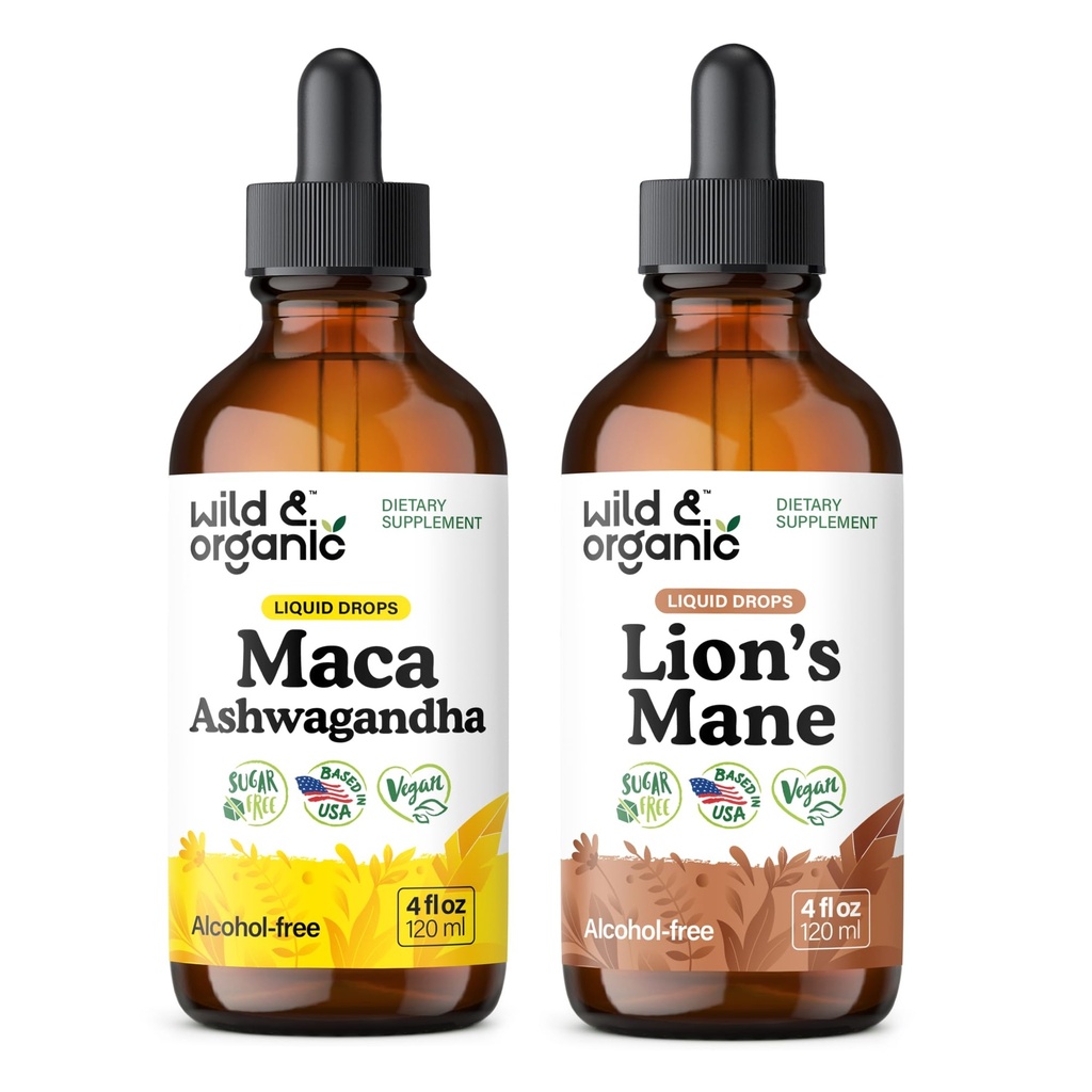 Savvaļas un organiskās Maca Ashwagandha Tincture 4 fl oz & Lion's Mane Tincture 4 fl oz