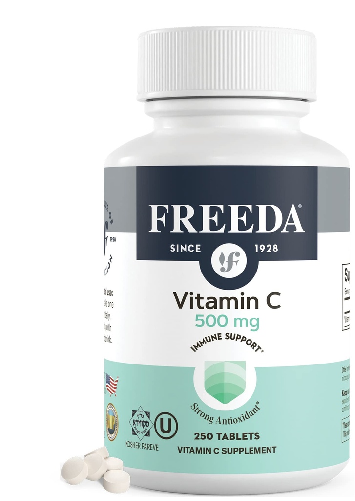 FREEDA Vegan vitamīns C 500mg – Kosher Imūns Atbalsts & Antioksidants – Palīdz uzturēt veselīgu ādu & matus, Atbalsta Dzelzs Absorbcija – Nav lipeklis, Nav Laktoze, Nav Mākslīgais Uzliesmojums vai Krāsa – 250 Tabletes