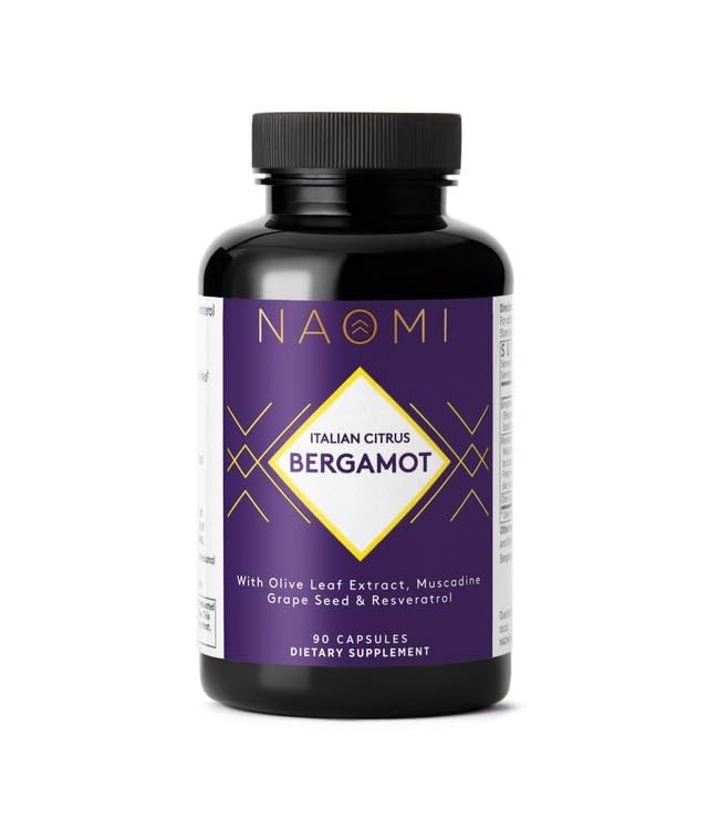 NAOMI Itāļu Citrus Bergamot 500mg + Resveratrol, Award-Winning Kardiologs Dvlpd, atbalsta normālu holesterīna un veselīgu šūnu funkcijas, 7 Key Polyfenols, Resveratrol & Olive Leaf, 90 dienu piegādes