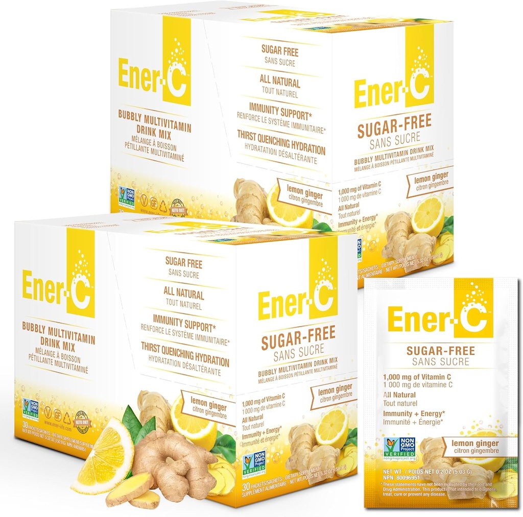 Ener-C bezcukura enerģija Citronu ingveru multivitamīnu dzēriens Mix Vitamīnu C 1000mg & Elektrolītu - Dabīgs Imunity Atbalsts ar reālu augļu sulu pulveri - Nav GMO Vegan & Gluten Bezmaksas - 60 Skaits