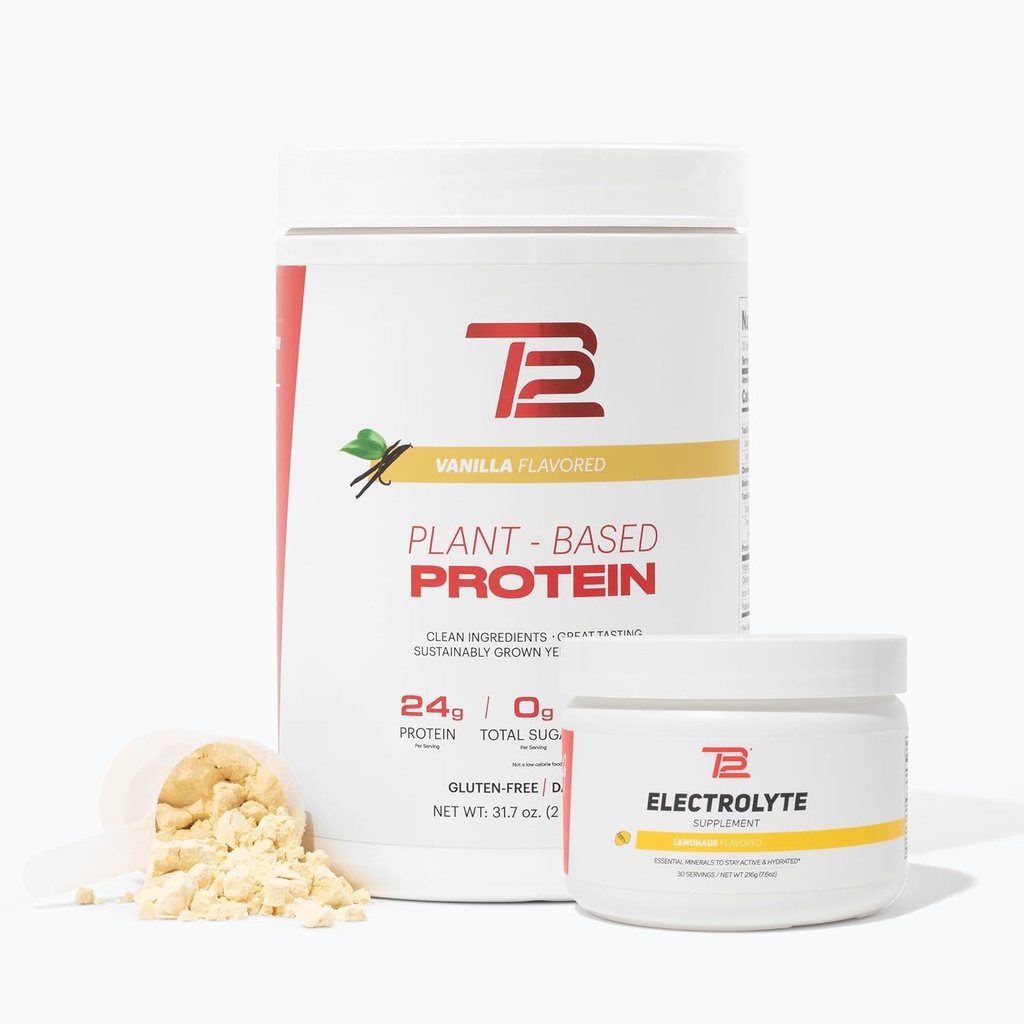 TB12 Augu bāzes izturības un hidrācijas Bundle (Vanilla Protein Powder & Lemonade Electrolytes), Atbalsts Muskuļu atgūšanas un hidratācija, Bez piena, nav GMO, bez sojas