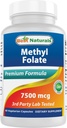 Best Naturals Metilfolāts 7500 μg (7,5 mg) (Lielākais biopieejamais) Veggie kapsulas - atbalsta šūnu veidošanās augšanas funkcija, smadzenes, atmiņa, sirds un asinsvadu veselība, 60 Skaits