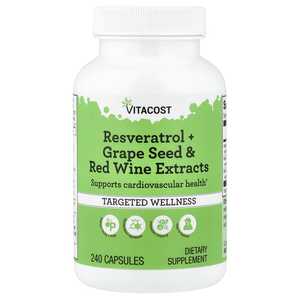 Vitacost Resveratrol + vīnogu sēklu un sarkano vīnu ekstrakti -- 240 kapsulas