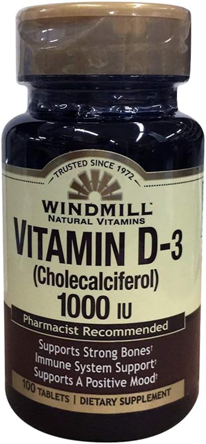Vējdzirnavas Natural Vitamīni D- 3 vitamīns Holekalciferols 1000IU Diētiskās piedevas 100 tabletes (iepakojums no 2)