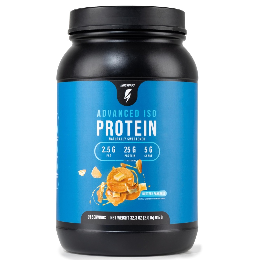 InnoSupps Advanced Iso Protein - 100% Whey Isolate Protein Powder - Nav Mākslīgi Saldinātāji - Zems tauku saturs, Zems ogļhidrātu līmenis - 25g proteīna - nesatur hormonu, bez lipekļa, bez sojas - (sviests pankūkas)