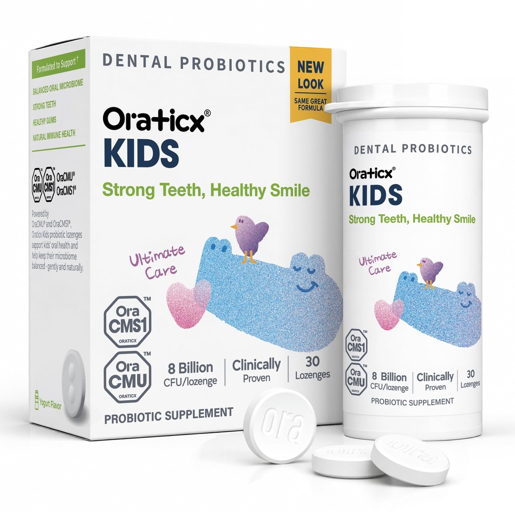 OraTicx Kids Dental Probiotics for Anti-Cavity + Healthy Teeth and Gums, 8 miljardi KVV Probiotics for Oral Health, Yogurt Flavor 1-PK