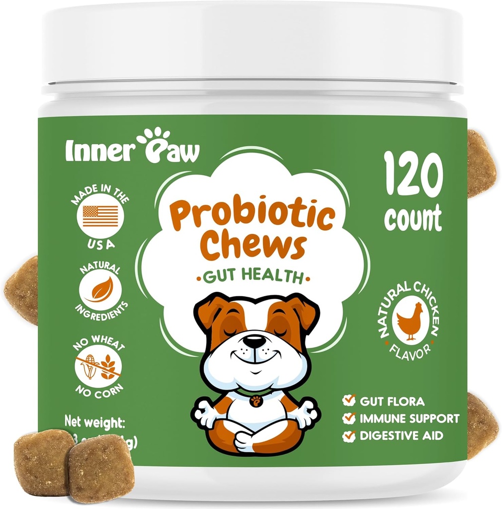 Iekšējās Paw Probiotikas suņiem, Gremošanas enzīmi un prebiotikas Formula Gut veselības, Suņu probiotikas Caureja, Bougel & Imūnās atbalsts, Vistas Flavor, 120 Soft Chews