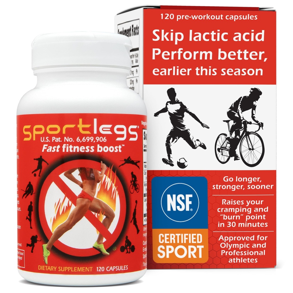 SPORTLEGS Ātrās fitnesa Boost pirms treniņa vīriešiem un sievietēm, pienskābes papildinājums, sporta izturības degviela, izturības papildinājumi skrējējiem - NSF Sertificēts sportam,120-Capsule pudele, iepakojumā 1