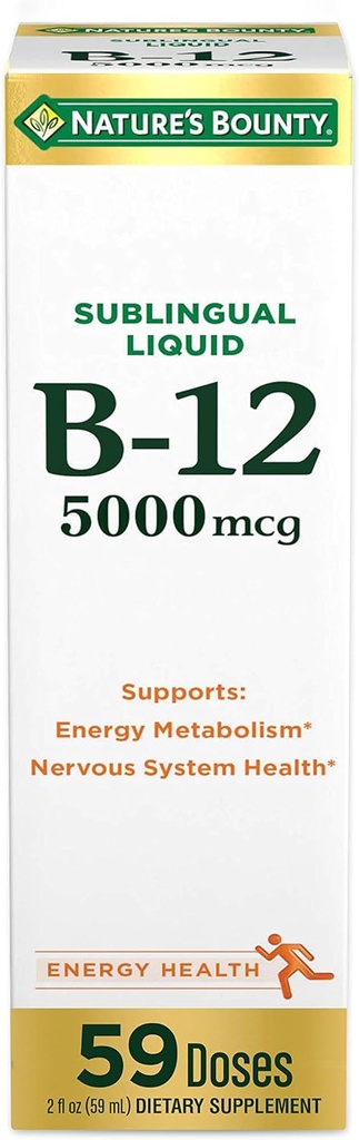 Dabas Bounty vitamīns B12 5000 μg Šķidrums lietošanai zem mēles, sirds un asinsvadu veselība un šūnu enerģijas atbalsts, 2 Fl Oz (1 skaitlis)