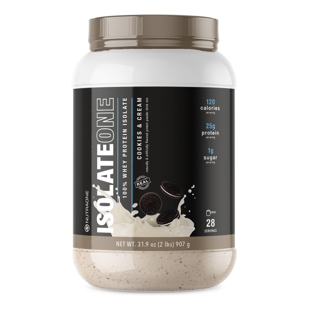 NutraOne IsolateOne Whey Izolate Protein Pulveris 100% Pure Whey Izolate pulveris (cookies & Cream - 28 Servē)