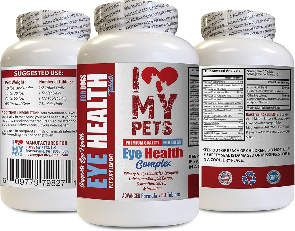 I LOVE MY PETS LLC Suņu acu papildinājums - Suņu acu veselības komplekss - Premium Formula - Vet Ieteicamā - Suņu luteīns - 1 pudele (60 Ārstniecības)